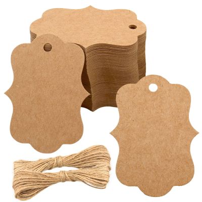 joycraft 100Pcs Brown Paper Tags, 2.7x2 inch Blank Paper Tags with String, Scalloped Price Hangtags, Blank Gift Hanging Labels for Gift Wrapping, Wedding, Merchandise, DIY Craft, Party Favor
