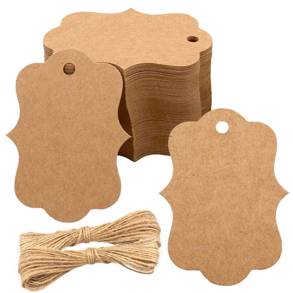 joycraft 100Pcs Brown Paper Tags, 2.7x2 inch Blank Paper Tags with String, Scalloped Price Hangtags, Blank Gift Hanging Labels for Gift Wrapping, Wedding, Merchandise, DIY Craft, Party Favor