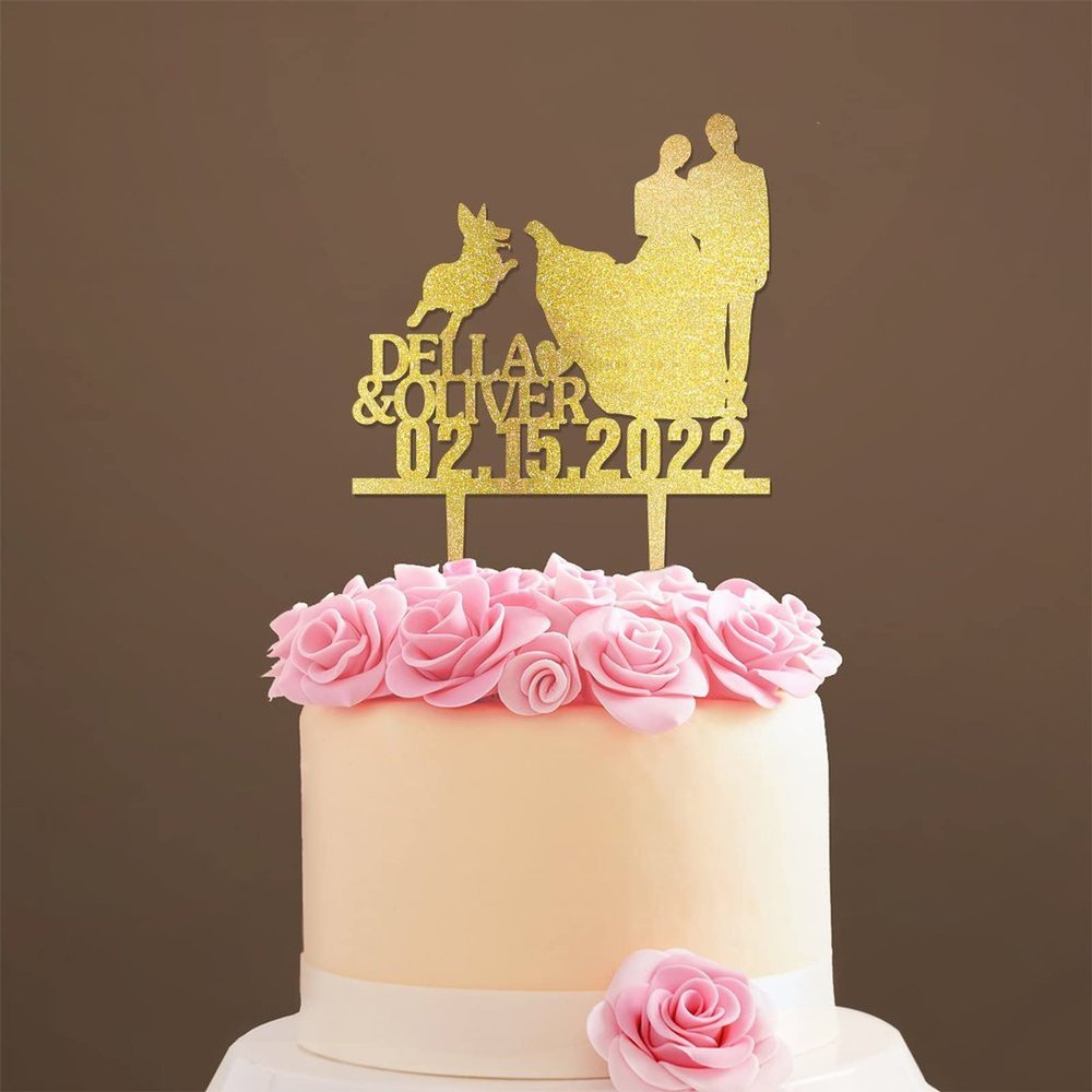 Custom Mr Mrs Cake Topper Bride And Groom with Pet Wedding Cake Topper Couple Silhouette Personalized Wedding Cake Topper Script Cake Toppers for Wedding Gold Glitter Wood, 6 Inch