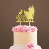 Custom Mr Mrs Cake Topper Bride And Groom with Pet Wedding Cake Topper Couple Silhouette Personalized Wedding Cake Topper Script Cake Toppers for Wedding Gold Glitter Wood, 6 Inch view 1