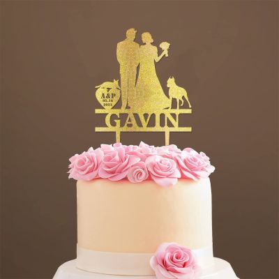 Custom Mr Mrs Cake Topper Bride And Groom with Pet Wedding Cake Topper Couple Silhouette Custom Initials Cake Topper Script Cake Toppers for Wedding Gold Glitter Wood, 6 Inch