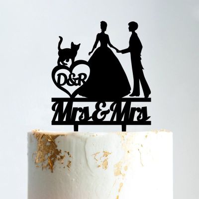 Lesbian Silhouette Cake Topper with Pet Wedding Mrs & Mrs Cake Topper Custom Wedding Cake Topper Same Sex Wedding Cake Topper Funny Cake Toppers for Wedding Black Acrylic, 6 Inch