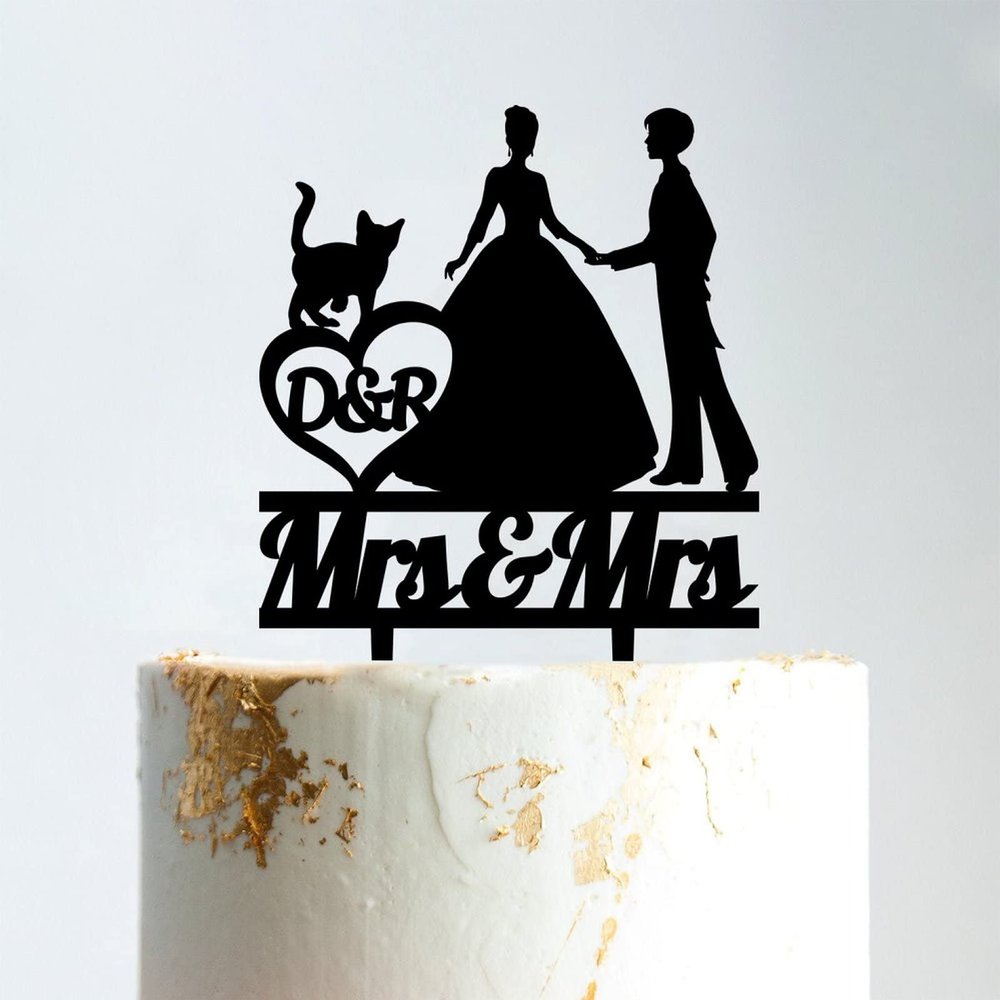 Lesbian Silhouette Cake Topper with Pet Wedding Mrs & Mrs Cake Topper Custom Wedding Cake Topper Same Sex Wedding Cake Topper Funny Cake Toppers for Wedding Black Acrylic, 6 Inch