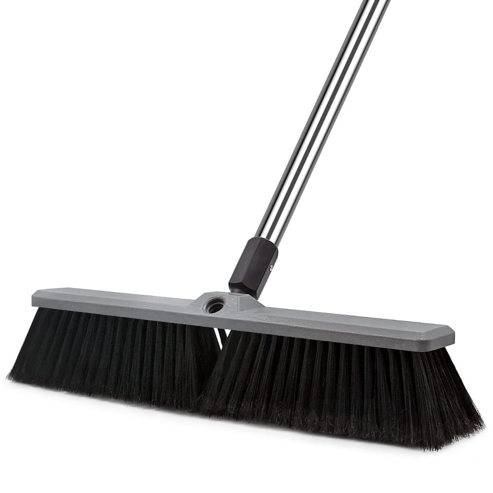 18 Inch Push Broom Brush Outdoor Heavy Duty Broom Stiff Bristles Commercial Outdoor Broom Brush for Cleaning Garage Driveway Yard Patio Deck Concrete Wood Stone Floor with 63" Long Handle