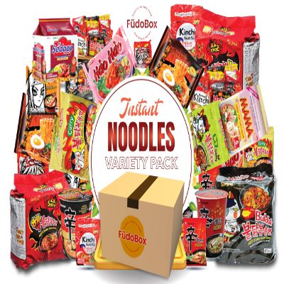 FUDOBOX Asian Instant Ramen Noodles Variety Pack with Cookies & Chopsticks | Student Care Package | Spicy Noodles Challenge | 15 Pack Assorted