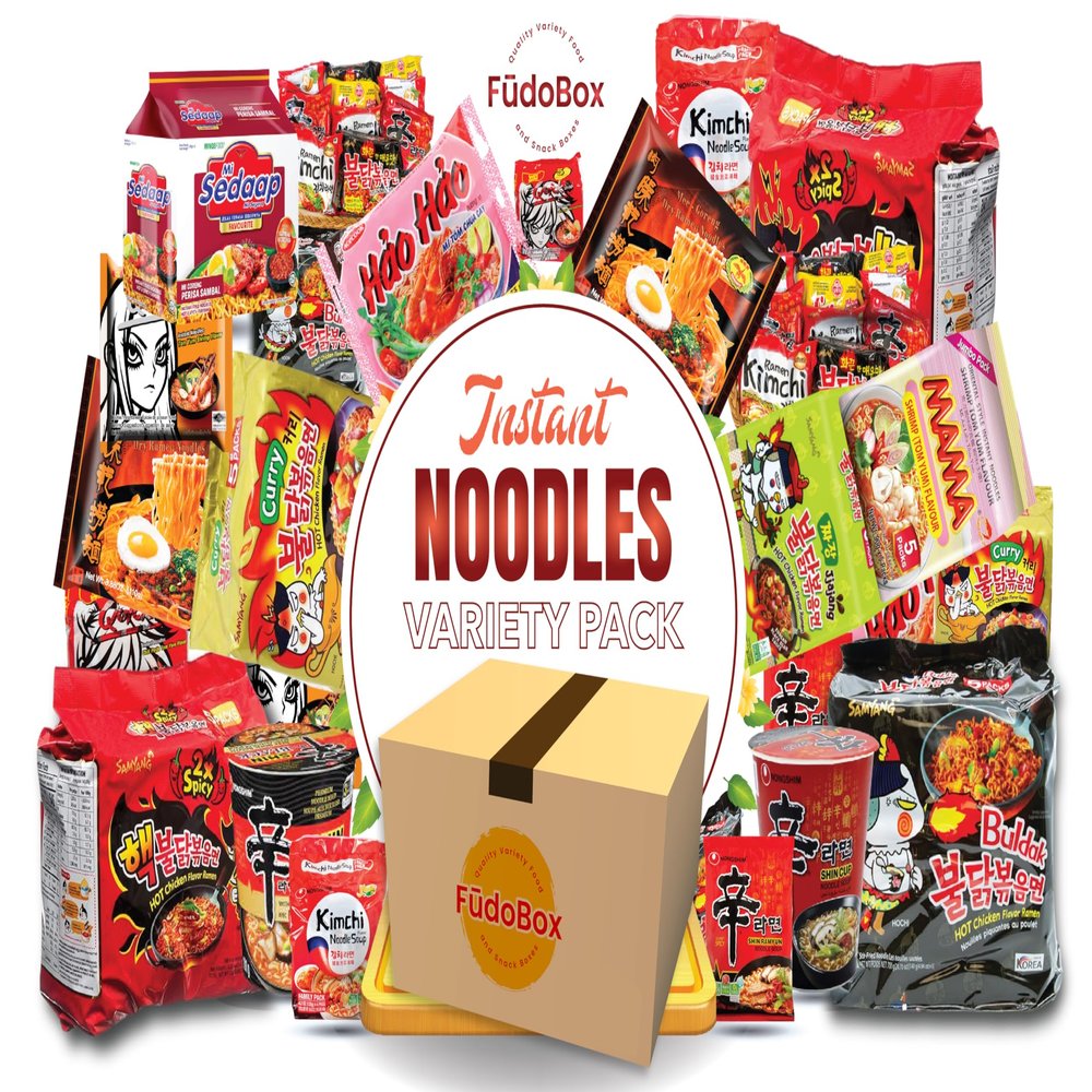 FUDOBOX Asian Instant Ramen Noodles Variety Pack with Cookies & Chopsticks | Student Care Package | Spicy Noodles Challenge | 15 Pack Assorted