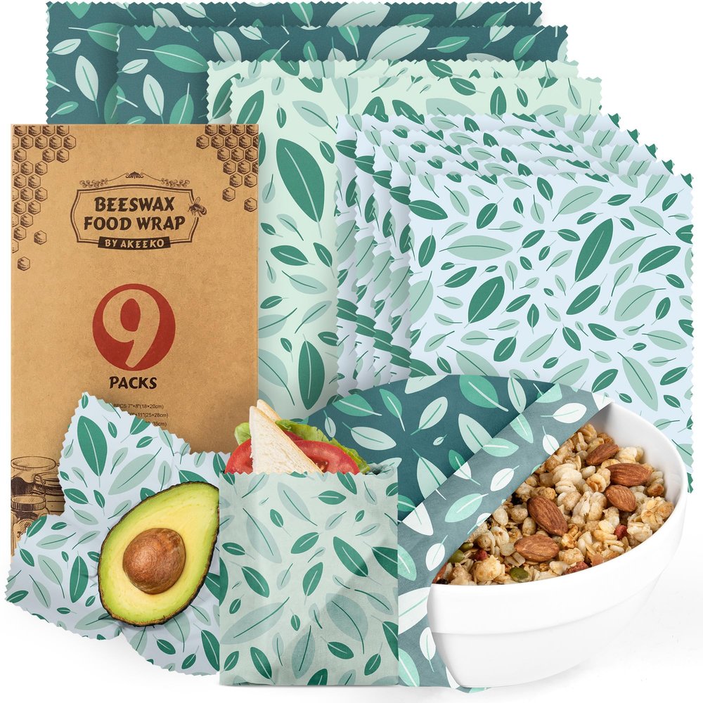 Akeeko Reusable Beeswax Food Wraps - Assorted 9 Packs, Reusable, Plastic-Free Food Storage, 5 Small, 2 Medium, 1 Large, 1 Extra Large Wraps with Boho Leaves Pattern
