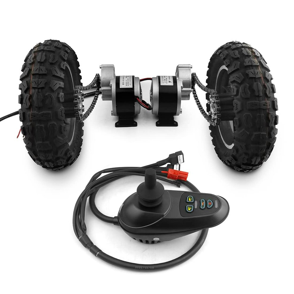 10 Inch Dual Drive Inflated Wheel Conversion Kit Joystick for Barrow Trolley Flatbed Cart Wheelchair(Max 11kph)
