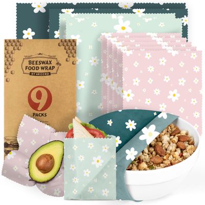 Akeeko Reusable Beeswax Food Wraps - Assorted 9 Packs, Reusable, Plastic-Free Food Storage, 5 Small, 2 Medium, 1 Large, 1 Extra Large Wraps with Boho Flowers Pattern