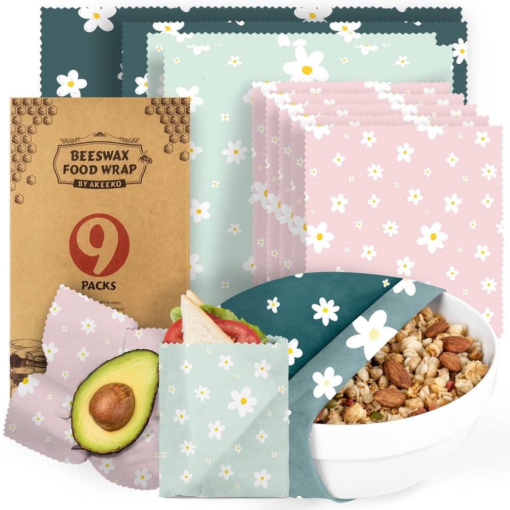 Akeeko Reusable Beeswax Food Wraps - Assorted 9 Packs, Reusable, Plastic-Free Food Storage, 5 Small, 2 Medium, 1 Large, 1 Extra Large Wraps with Boho Flowers Pattern
