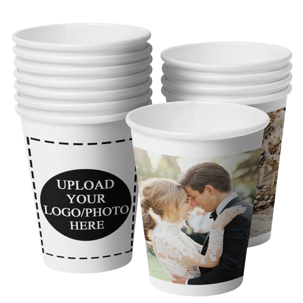 Custom Paper Cups, Personalized Disposable Cups With Photo/Logo/Text, 8oz Cups for Company Office Coffee Shop Party Wedding Events - 100 Pack