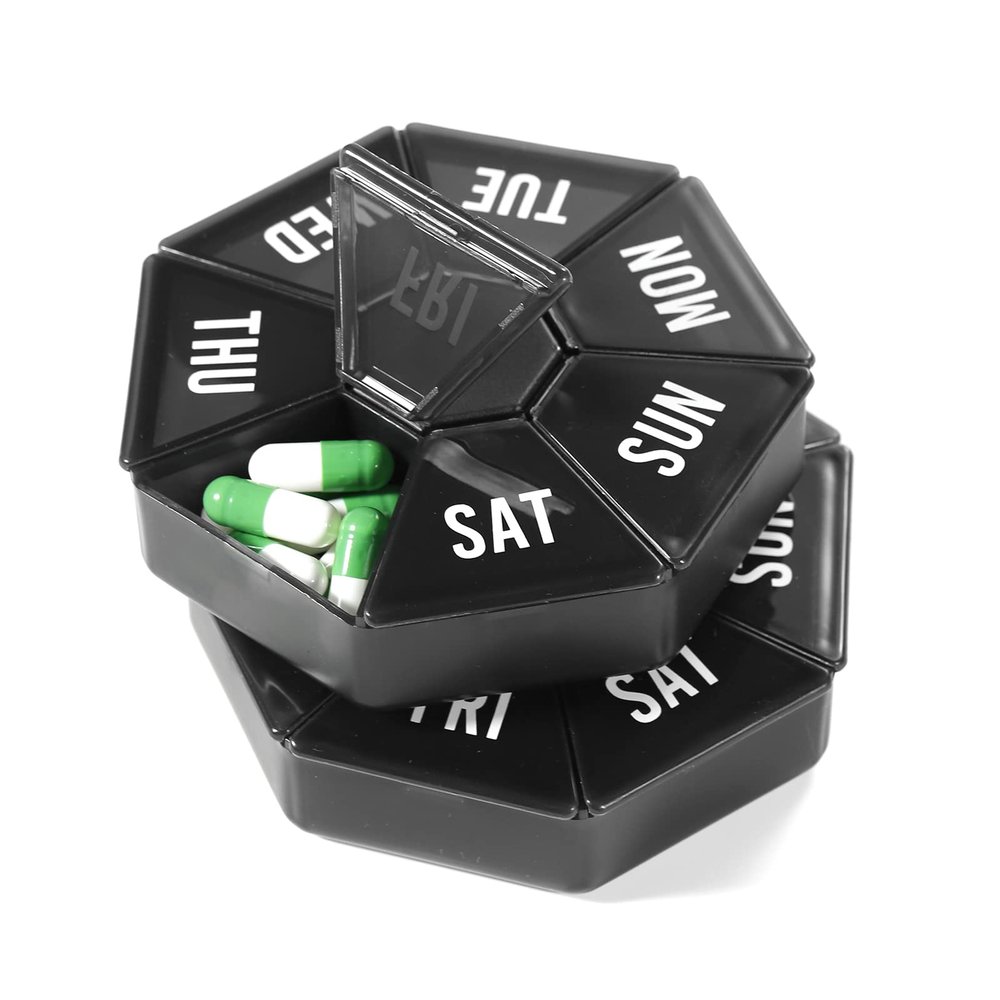 2 PCS-Large Weekly Pill Organizer,XL 7 Day Pill Box Case,Pill Dispenser Portable Small for Pocket or Travel,Pill Container for Vitamin, Cod Liver Oil, Pills, Supplements-Arthritis Friendly (Black)