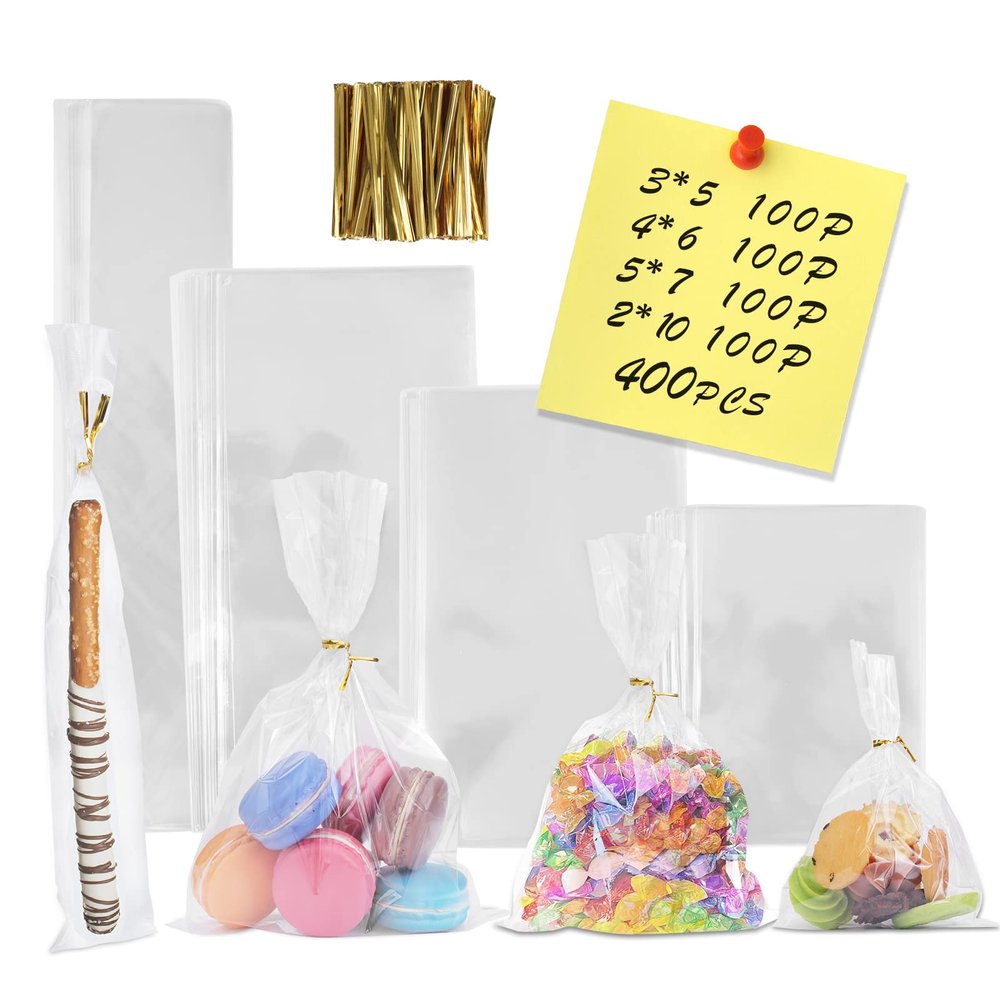 400 PCS Clear Flat Cellophane Treat Bags with 3x5",4x6",5x7",2x10",Treat Bags with Ties are Good for Pretzel Rods,Bakery, Cookies, Candies,Dessert.