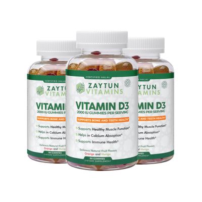 Zaytun Halal Vitamin D3 2000 IU Gummies, Supports Bone & Immune Health, Promotes Muscle Function, Gluten & Gelatin Free, (3-Pack) - Made in USA