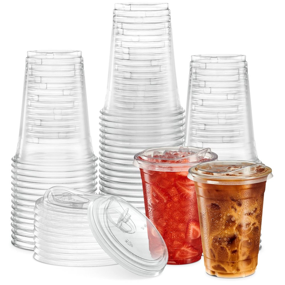16 oz. Clear Cups with Strawless Sip-Lids, PET Crystal Clear Disposable 16oz Plastic Coffee Cups with Lids [50 Sets]