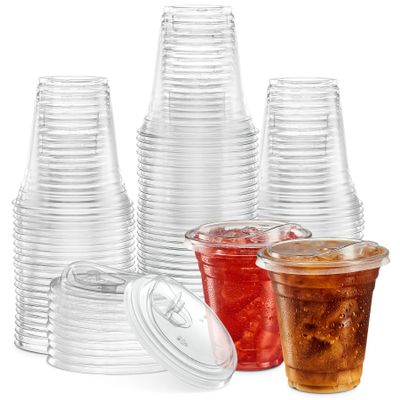 12 oz. Clear Cups with Strawless Sip-Lids, PET Crystal Clear Disposable 12 oz Plastic Cups with Lids [50 Sets]