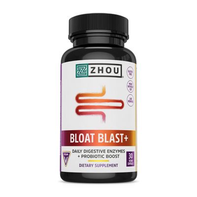 Zhou Nutrition Bloat Blast+ - Digestive Support Supplement for Women & Men, Daily Digestive Enzymes with Probiotics for Gut Health, Gluten Free, Vegan - 30 Veggie Capsules