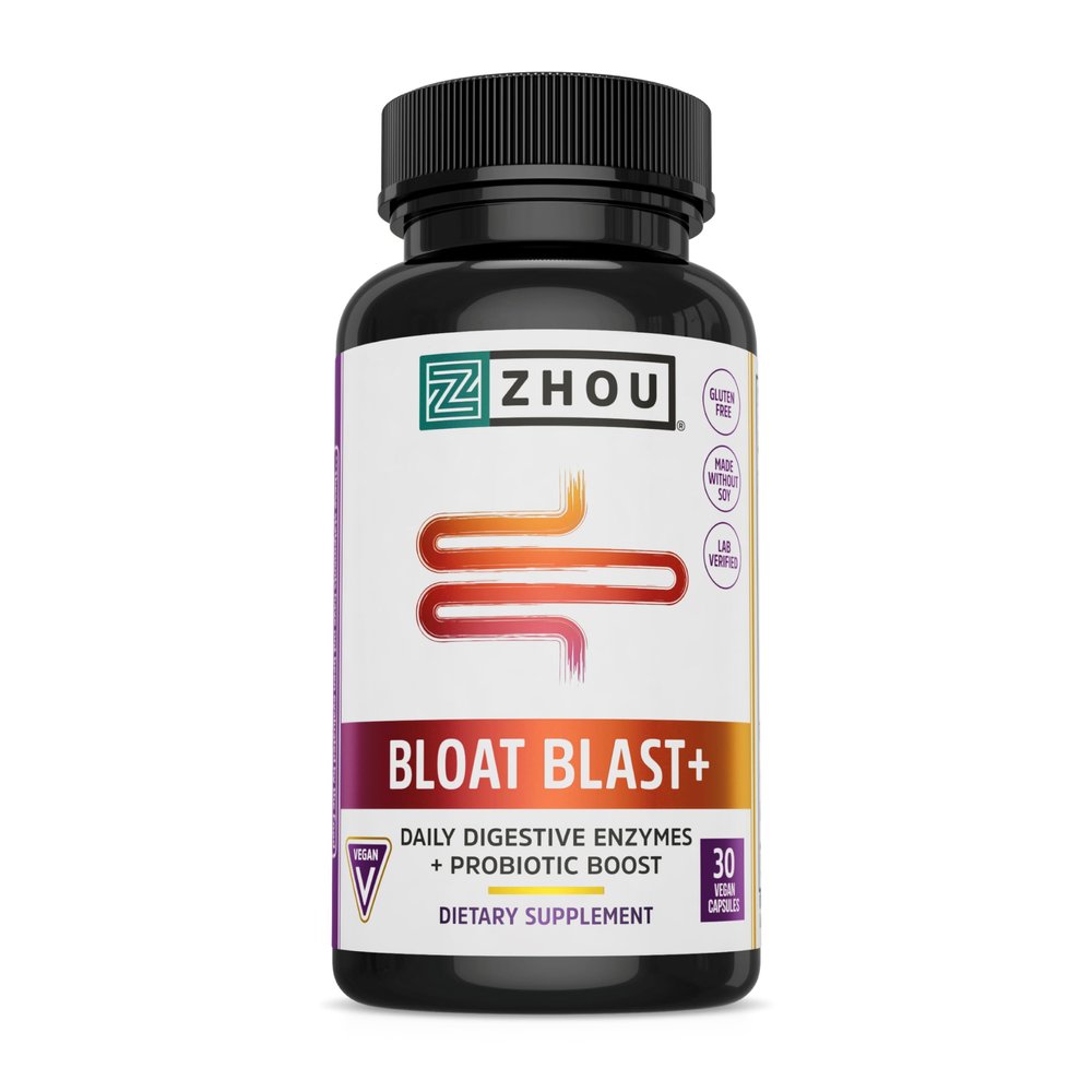 Zhou Nutrition Bloat Blast+ - Digestive Support Supplement for Women & Men, Daily Digestive Enzymes with Probiotics for Gut Health, Gluten Free, Vegan - 30 Veggie Capsules