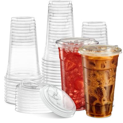 24 oz. Clear Cups with Straw less Sip-Lids, PET Crystal Clear Disposable 24 oz Plastic Coffee Cups with Lids [50 Sets]
