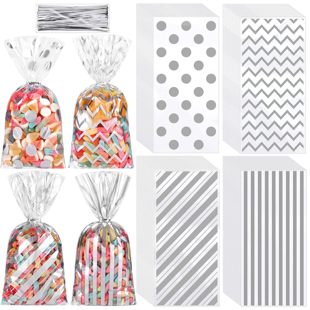 Aodaer 100 Pieces 10.6 x 5.1 In Silver Cellophane Bags Plastic Candy Gift Bags Cellophane Treat Bag with Twist Ties Stripes Polka Dot Printed Pattern Goodie Bag for Birthday Weddings Party Favors