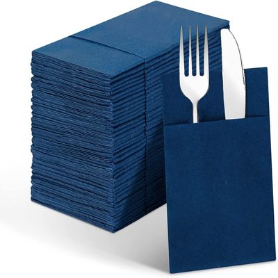 Linen-Feel Navy Blue Paper Napkins, 50 Pcs Cloth Like Dinner Napkins with Built-in Flatware Pocket, Pre-Folded Absorbent Disposable Guest Paper Hand Towels for Bathroom, Weddings Party