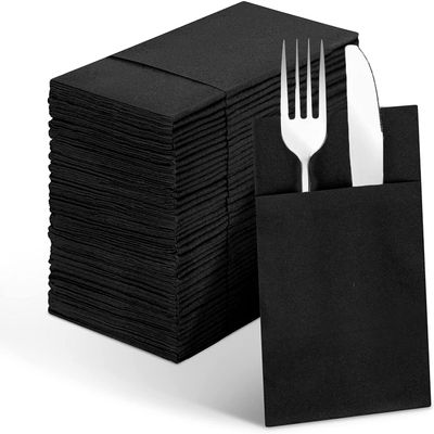 Besteek Linen-Feel Black Paper Napkins, Cloth Like Dinner Napkins with Built-in Flatware Pocket, Pre-Folded Absorbent Disposable Guest Paper Hand Towels for Bathroom, Weddings Party(50 Pack)