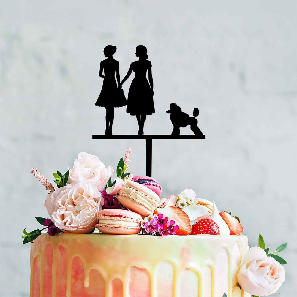 Hearts Dog Mrs&Mrs Cake Topper Couple Silhouette Wedding legant Rustic Vintag Cake Topper Mr And Mrs Cake Toppers for Wedding Black Acrylic Wedding Cake Topper Anniversary Baptism Cake Topper
