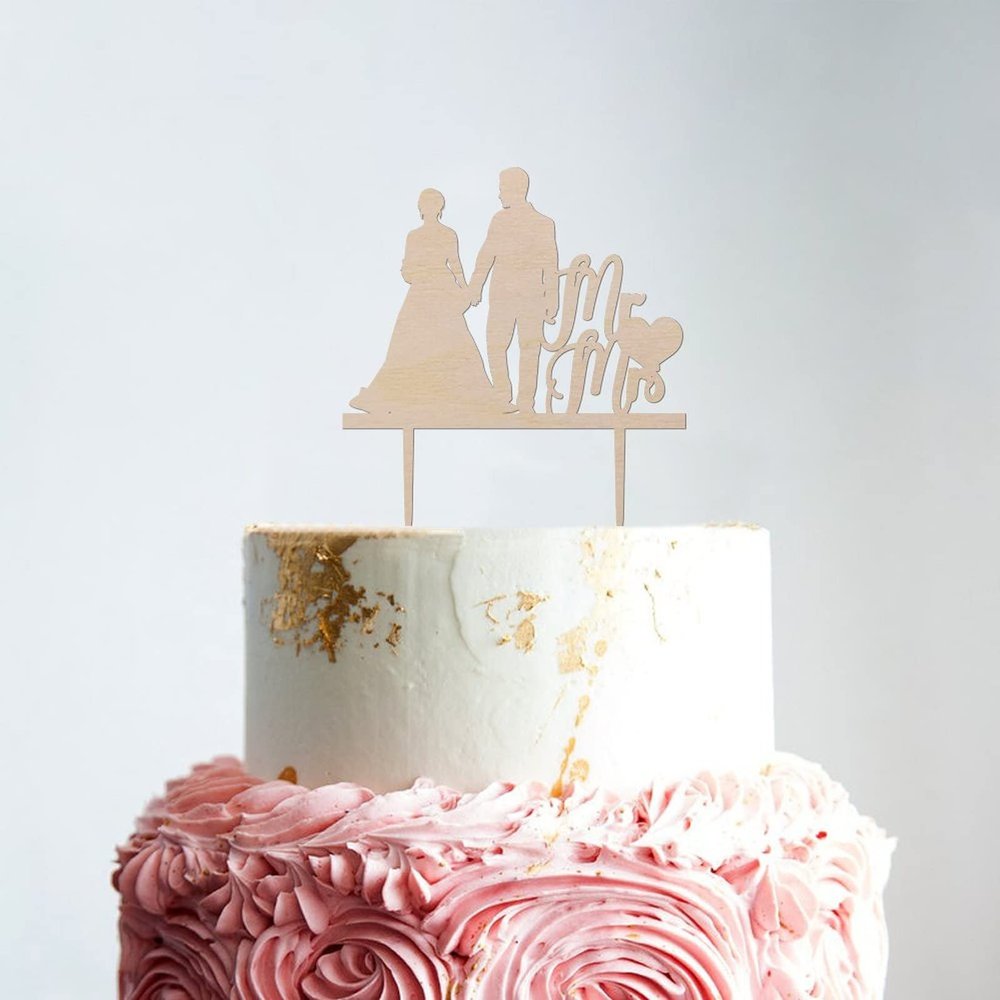 Custom Bride And Groom Cake Topper Couple Silhouette Wedding Cake Topper Hearts Wood Color Cake Topper Wedding Mr & Mrs Cake Topper Script Cake Toppers for Wedding Wood Wedding Cake Topper