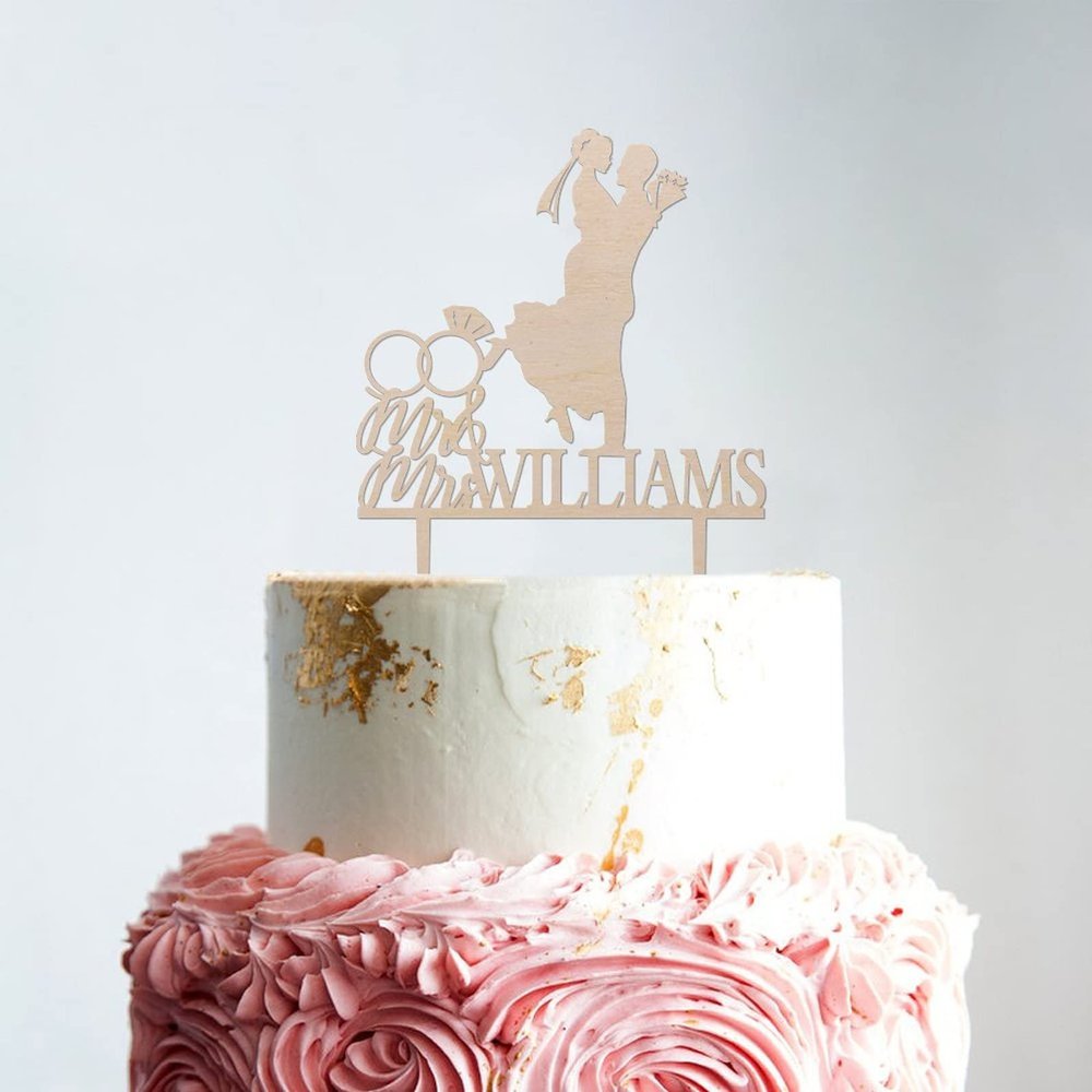 Couple Silhouette Wedding Cake Topper Couple Ring Cake Topper Wedding Mr & Mrs Cake Topper Wood Wedding Cake Topper Custom Cake Toppers for Wedding/Anniversary Beach Wedding Bridal Shower Decor