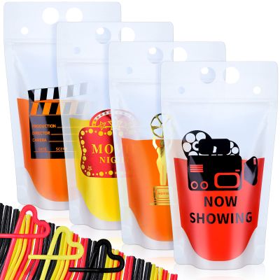 Tinlade 20 Pcs Movie Night Decorations Drink Pouch Cups Clear Zipper Bags with 20 Straws, 17 oz Plastic Drink Pouches Reusable Movie Cups for Party Supplies Birthday Gift