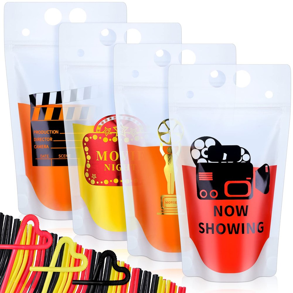 Tinlade 20 Pcs Movie Night Decorations Drink Pouch Cups Clear Zipper Bags with 20 Straws, 17 oz Plastic Drink Pouches Reusable Movie Cups for Party Supplies Birthday Gift