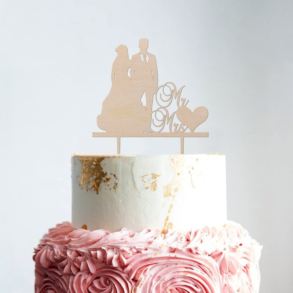 Couple Silhouette Wedding Cake Topper Hearts Wood Cake Topper Mr & Mrs Wedding Cake Topper Wood Wedding Cake Topper Custom Script Cake Toppers for Wedding Cake Topper Wedding