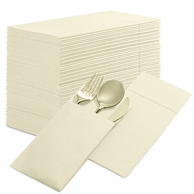 50-Pack Disposable Linen-Feel Dinner Napkins with Built-in Flatware Pocket, CREAM Prefolded Cloth Like Paper Napkins For Dinner, Wedding Or Party [Silverware NOT Included]