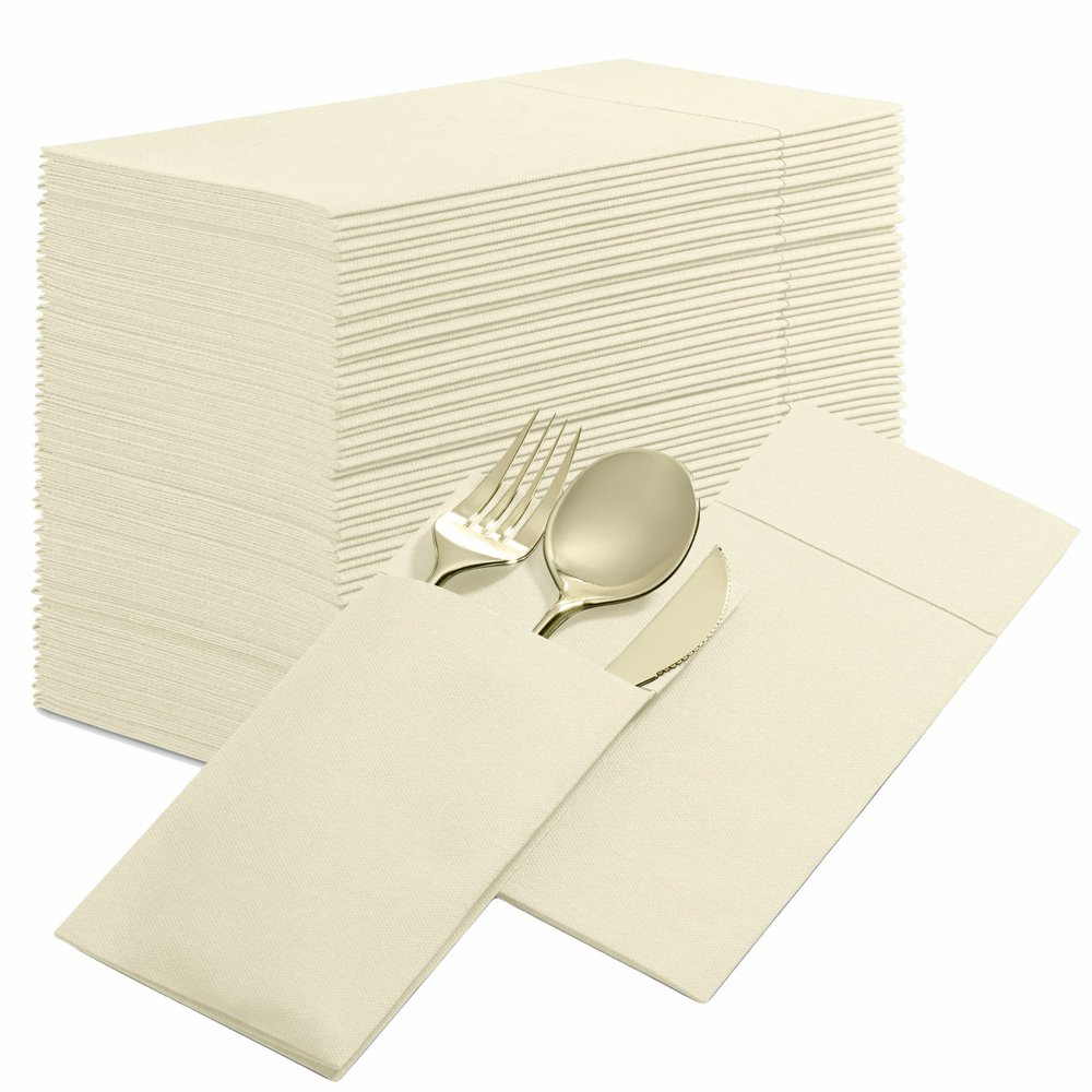 50-Pack Disposable Linen-Feel Dinner Napkins with Built-in Flatware Pocket, CREAM Prefolded Cloth Like Paper Napkins For Dinner, Wedding Or Party [Silverware NOT Included]