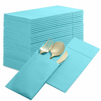 50-Pack Disposable Linen-Feel Dinner Napkins with Built-in Flatware Pocket, MINT BLUE Prefolded Cloth Like Paper Napkins For Dinner, Wedding Or Party [Silverware NOT Included]