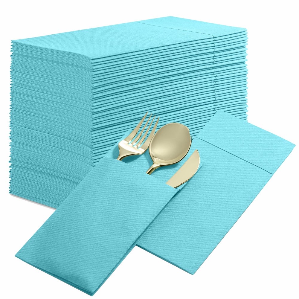 50-Pack Disposable Linen-Feel Dinner Napkins with Built-in Flatware Pocket, MINT BLUE Prefolded Cloth Like Paper Napkins For Dinner, Wedding Or Party [Silverware NOT Included]