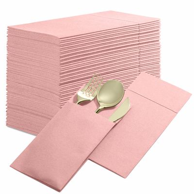 50-Pack Disposable Linen-Feel Dinner Napkins with Built-in Flatware Pocket, PINK Prefolded Cloth Like Paper Napkins For Valentines Day, Baby Shower, Dinner, Wedding Or Party [Silverware NOT Included]
