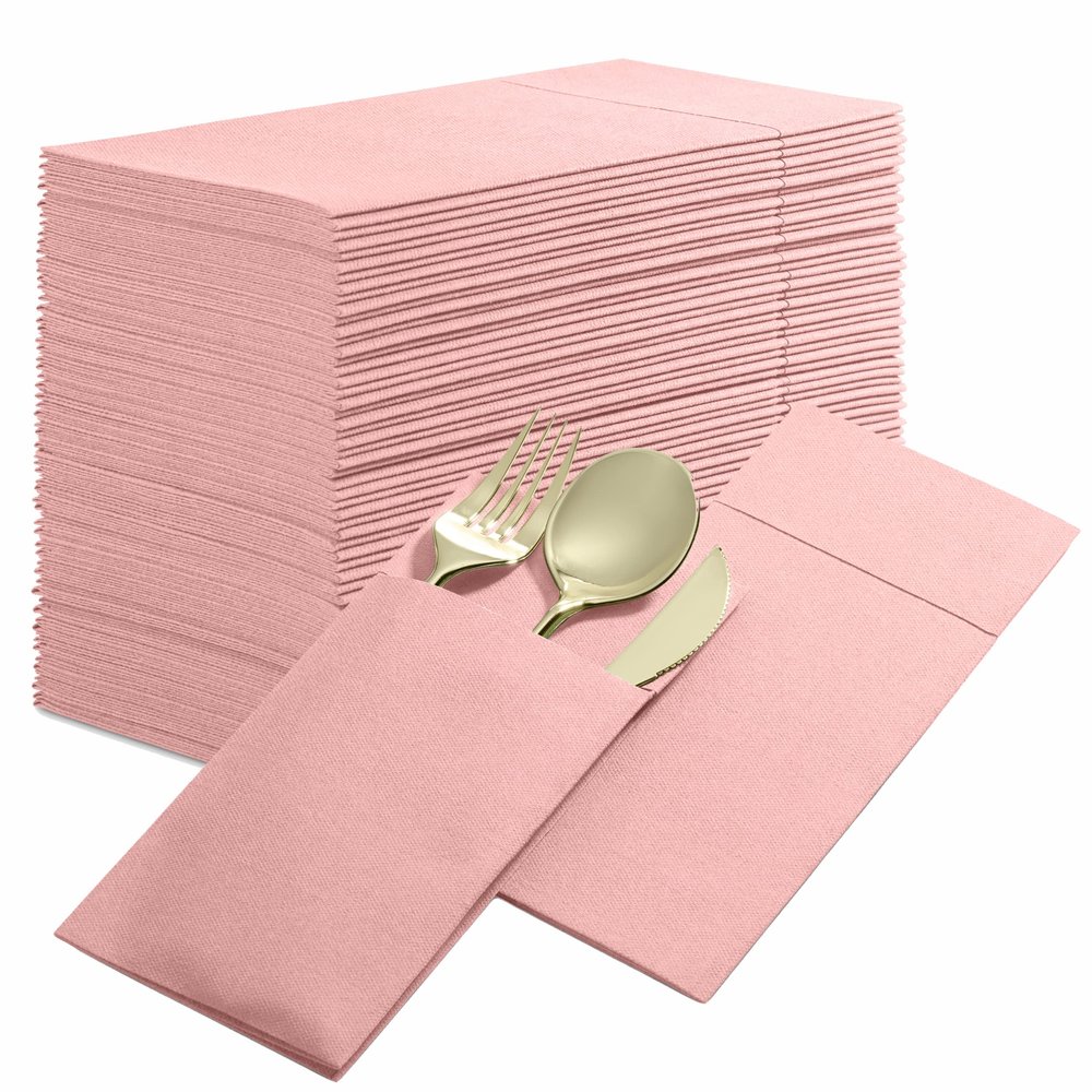 50-Pack Disposable Linen-Feel Dinner Napkins with Built-in Flatware Pocket, PINK Prefolded Cloth Like Paper Napkins For Valentines Day, Baby Shower, Dinner, Wedding Or Party [Silverware NOT Included]