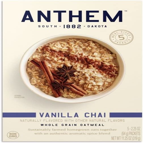 Anthem Vanilla Chai Instant Oatmeal- Delicious Whole Grain Oats for a Cozy Breakfast - Enjoy Protein Oatmeal Anytime with Quick & Easy Preparation - Oatmeals Packed with Fiber for a Healthy Diet