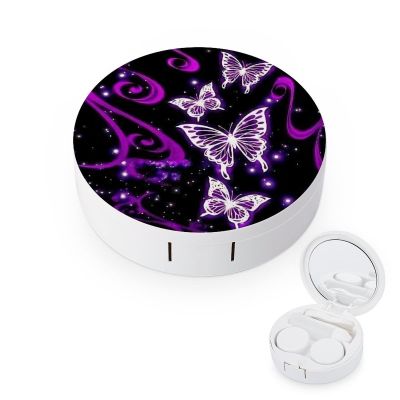 Bagea-Ka Purple Butterfly Pattern Contact Lens Case Box Eye Care Kit Holder Mirror Box with Tweezers Remover Tool Solution Bottle for Outdoor Travel & Home