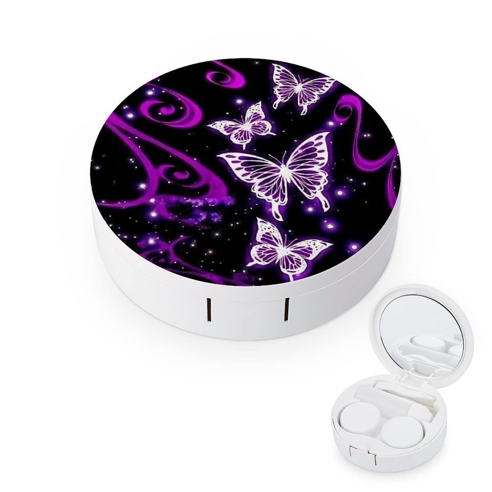Bagea-Ka Purple Butterfly Pattern Contact Lens Case Box Eye Care Kit Holder Mirror Box with Tweezers Remover Tool Solution Bottle for Outdoor Travel & Home