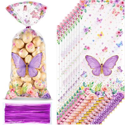 100 Pcs Butterflies Cellophane Treat Bags Plastic Butterfly Party Favors Watercolor Butterfly Cello Candy Bag with 100 Twist Ties for Butterfly Theme Baby Shower Girl Birthday Party Supplies(Purple)