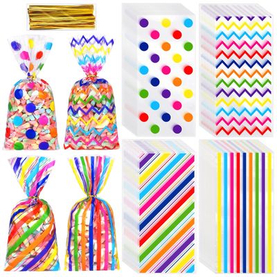 Aodaer 100 Pieces 10.6 x 5.1 In Rainbow Cellophane Bags Plastic Candy Gift Bag Cellophane Treat Bags with Twist Ties Stripes Polka Dot Printed Pattern Goodie Bag for Birthday Weddings Party Favors
