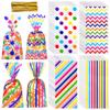 Aodaer 100 Pieces 10.6 x 5.1 In Rainbow Cellophane Bags Plastic Candy Gift Bag Cellophane Treat Bags with Twist Ties Stripes Polka Dot Printed Pattern Goodie Bag for Birthday Weddings Party Favors view 1