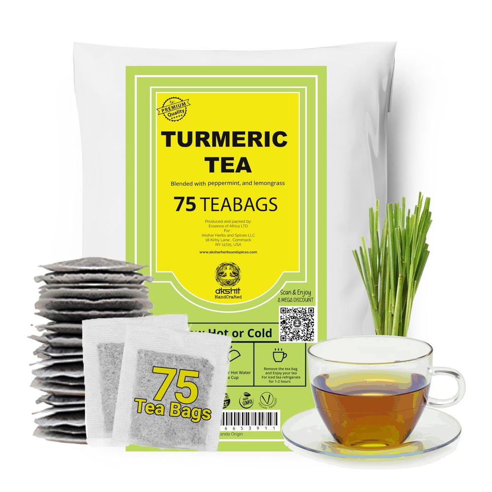 75 Turmeric Tea Bags Herbal Tea, Premium Turmeric Black Pepper, Peppermint & Lemongrass Tea Blend,Te De Curcuma, Caffeine-Free, Sugar-Free, Non-Gmo, Hot or Iced, 5oz. By Akshit