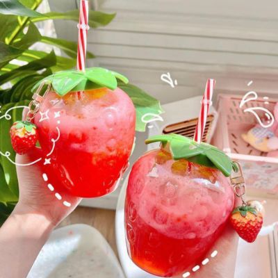 DULRLLY 2Pcs 17 Oz Strawberry Cups with Straw and Strawberry Pendant Kawaii Cup with Lid Portable Cute Water Bottle Mug for Gift Home Office School for Boba Tea
