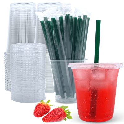 [50 Sets] 12 oz Clear Plastic Cups with Lids and Straws, Disposable Coffee Cups