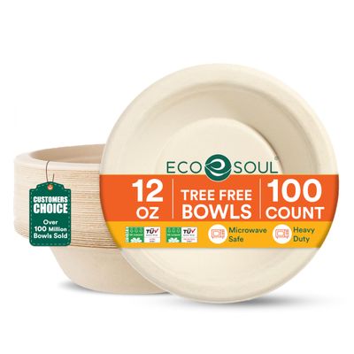 ECO SOUL 12 Oz Compostable Disposable Paper Bowls [100 Pack] Food Safe Leak-Free 100% Virgin Bagasse Biodegradable Heavy Duty Ramen Soup Bowl for Hot & Cold Food Microwave Safe [Small, Round, Brown]