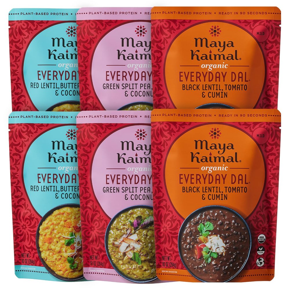 Maya Kaimal Foods - Organic Indian Everyday Dal Variety Pack No. 2 - 10oz 3 flavors, 2 Each - Red Lentil, Black Lentil, & Green Split Pea - Vegan