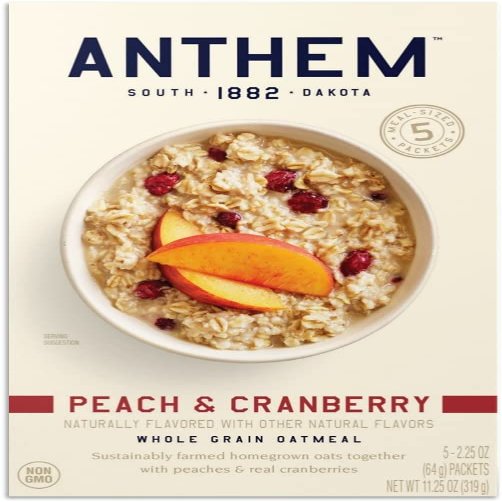 Anthem Peach & Cranberry Oatmeal - Delicious Whole Grain Oats for a Cozy Breakfast - Enjoy Protein Oatmeal Anytime with Quick & Easy Preparation - Oatmeals Packed with Fiber for a Healthy Diet